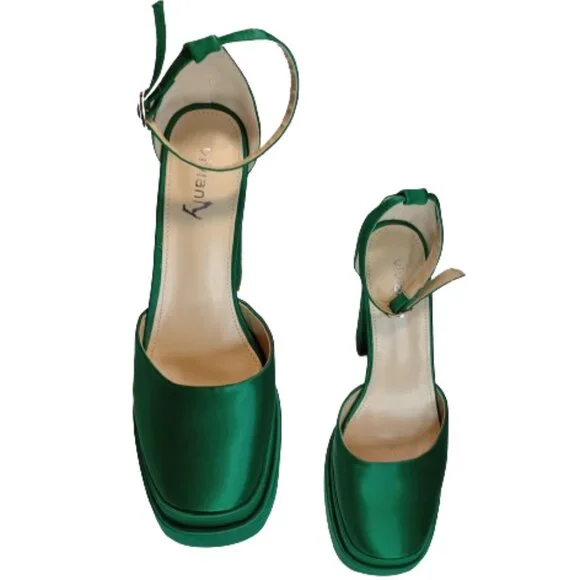 vivianly Women's Platform Chunky High Heels Emerald Green Satin Size 10 - Picture 5 of 5